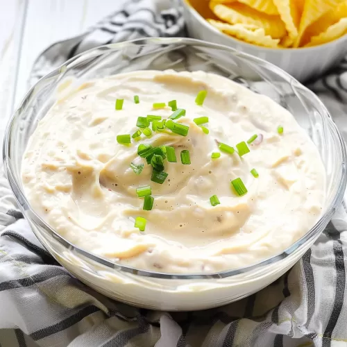 A glass bowl filled with savory French onion dip, sprinkled with fresh herbs, surrounded by a gray kitchen towel for a cozy presentation.