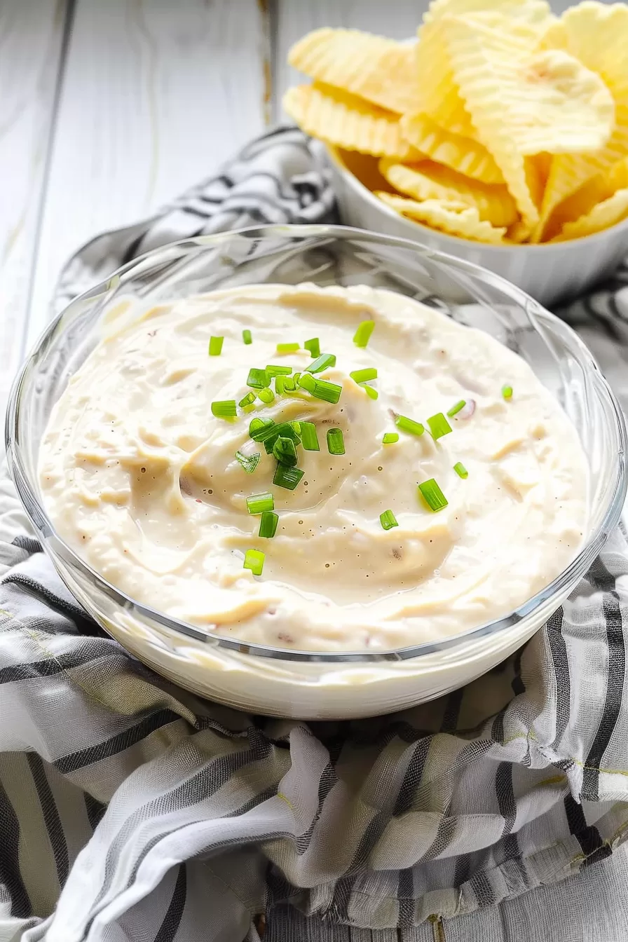 A glass bowl filled with savory French onion dip, sprinkled with fresh herbs, surrounded by a gray kitchen towel for a cozy presentation.