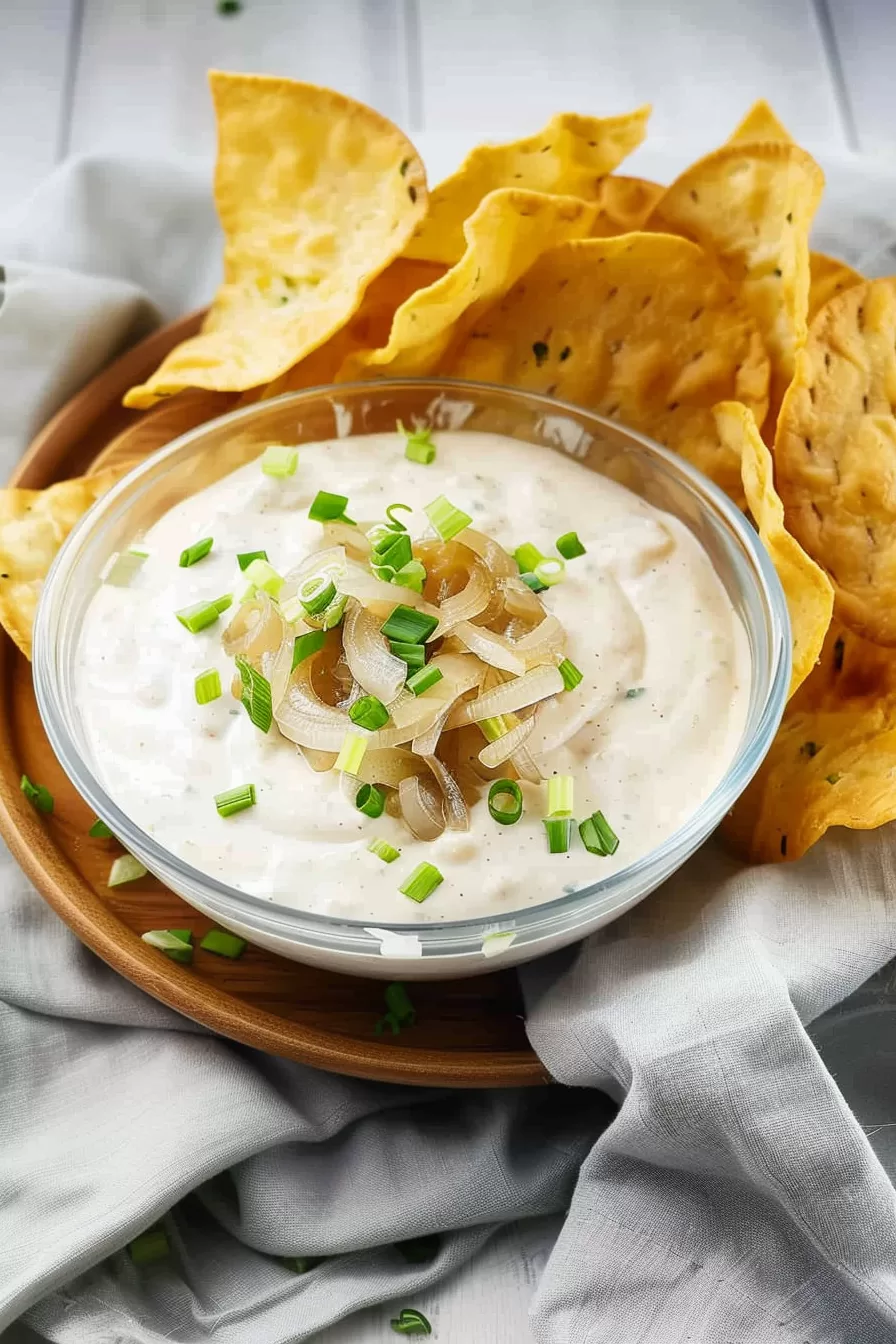 A vibrant shot of a classic onion dip in a decorative bowl, with fresh garnishes and crunchy chips for dipping.