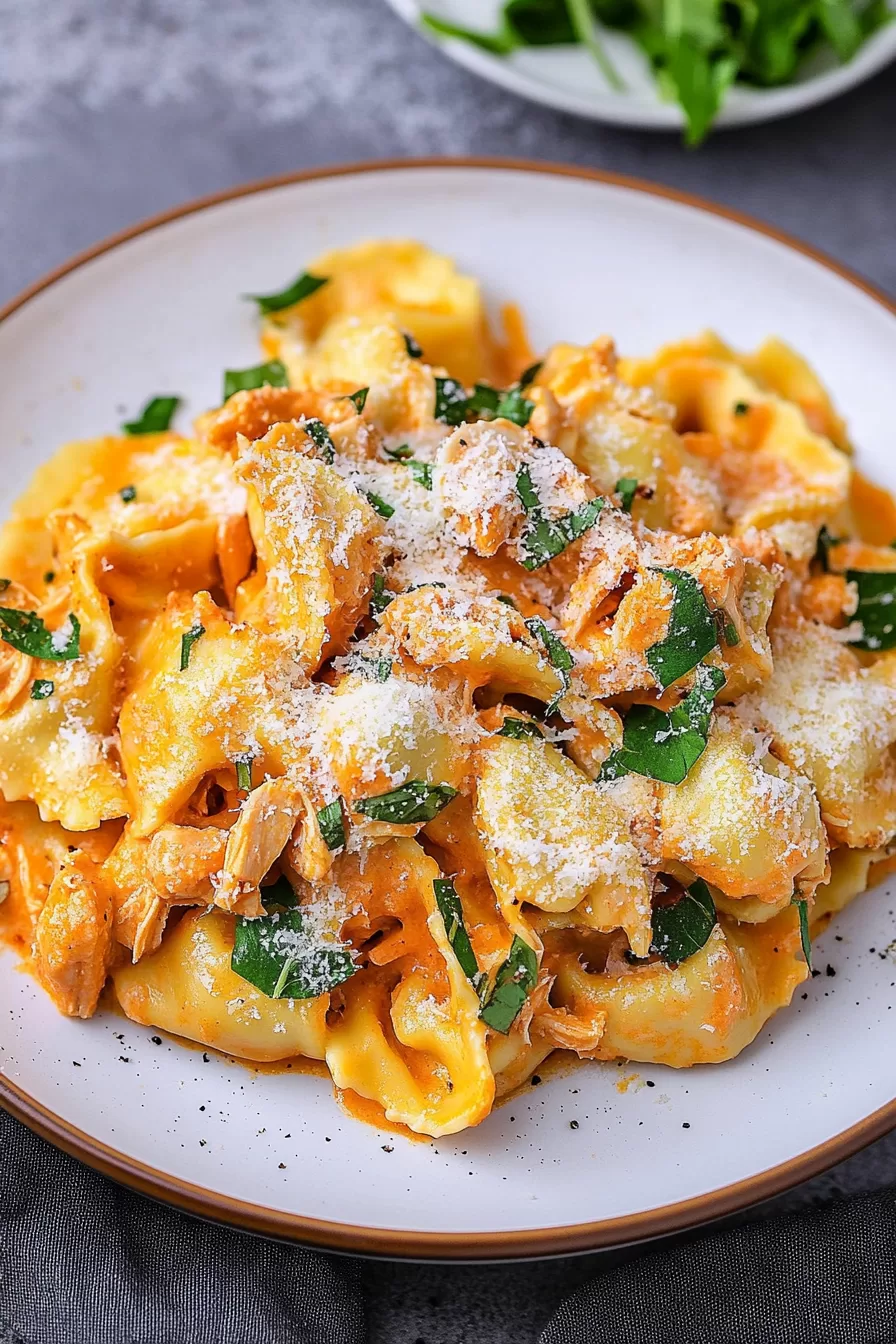 Close-up of creamy tortellini pasta topped with fresh herbs and a generous sprinkle of grated Parmesan.