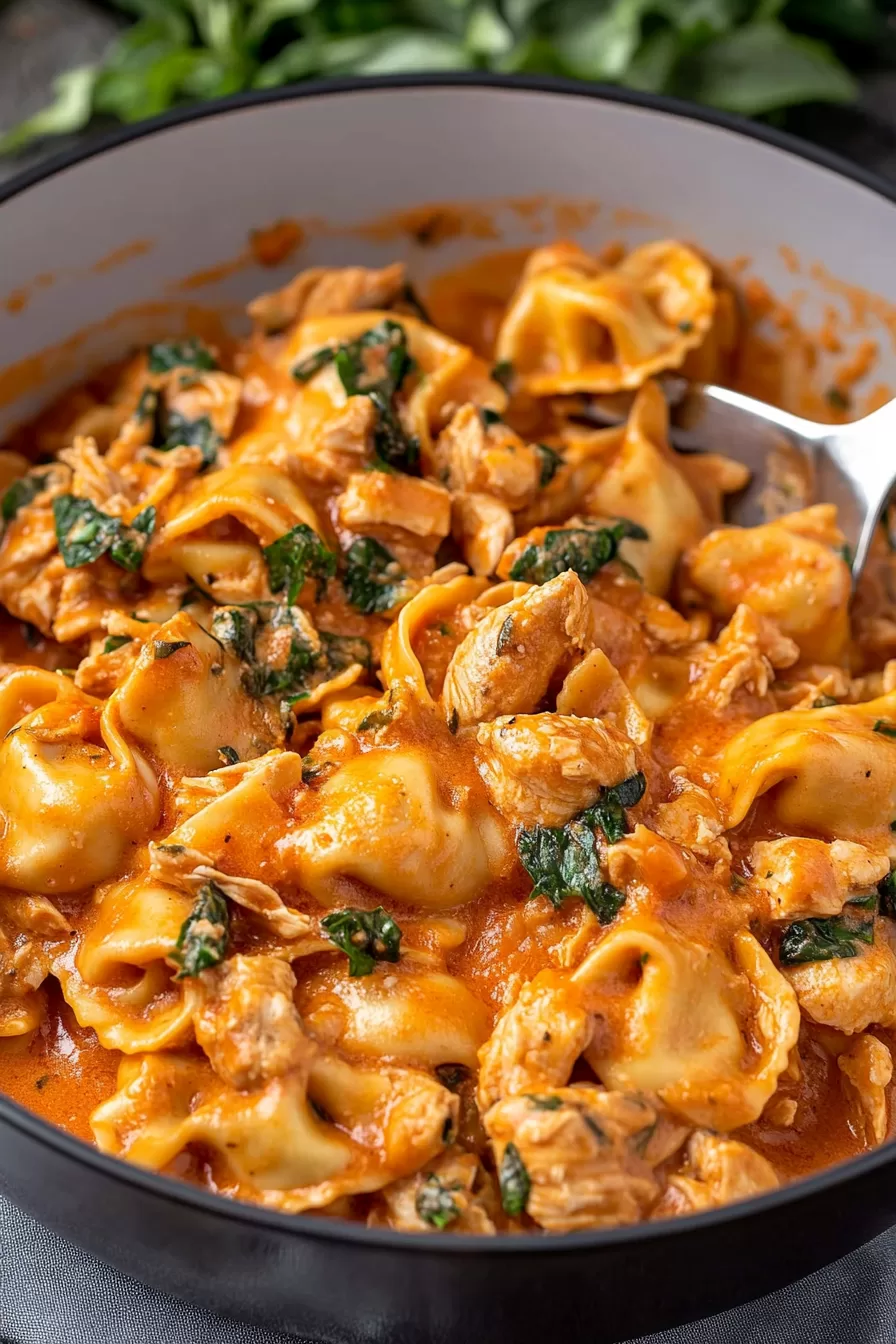 A skillet of tender tortellini in a rich, golden sauce garnished with shredded chicken and wilted greens.