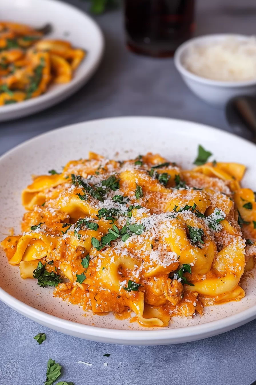 Plate of vibrant tortellini pasta with a creamy tomato-based sauce, sprinkled with fresh parsley and Parmesan cheese.