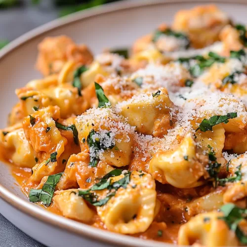 Bowl of saucy tortellini pasta, highlighting chunks of shredded chicken and ribbons of fresh basil.