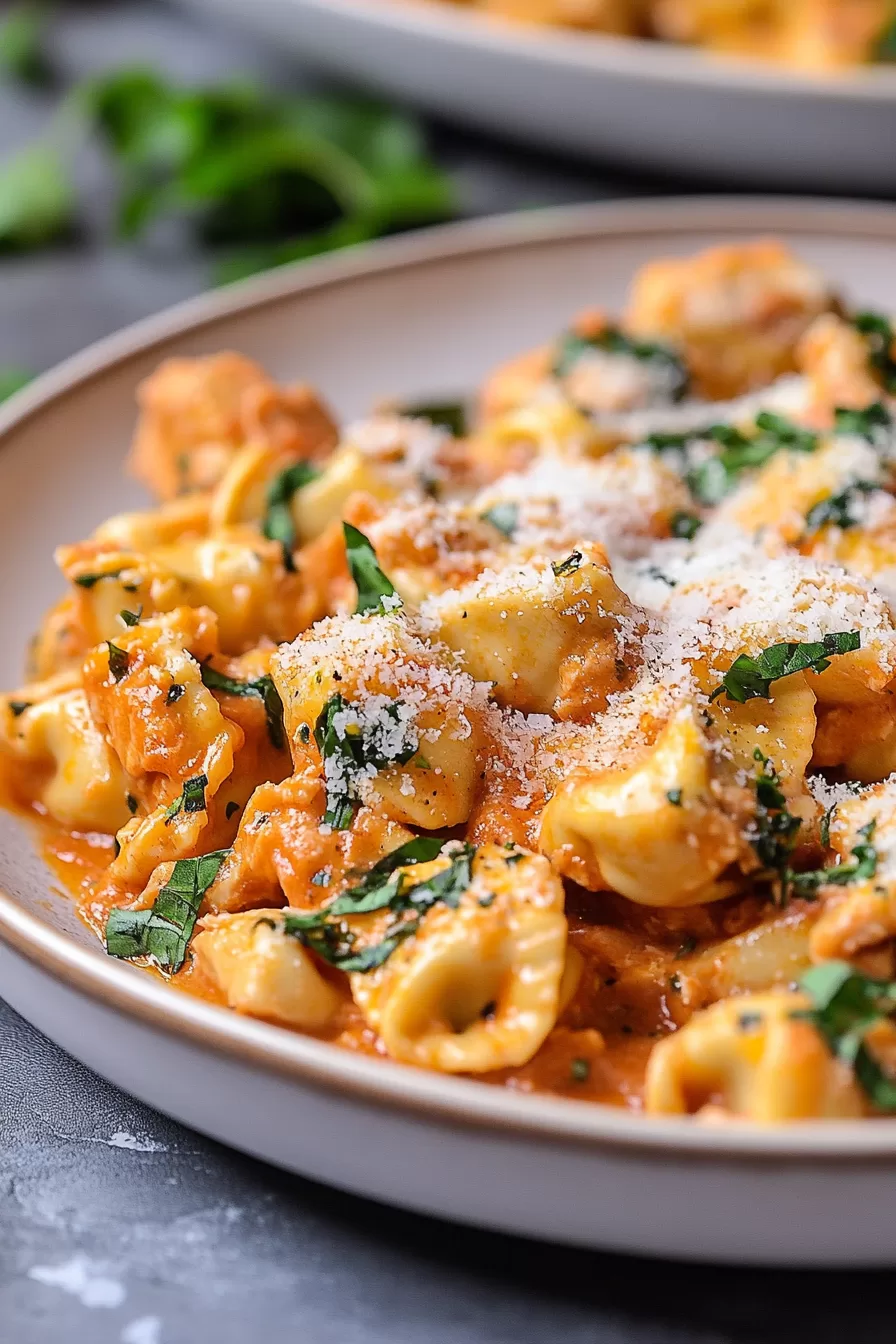 Bowl of saucy tortellini pasta, highlighting chunks of shredded chicken and ribbons of fresh basil.