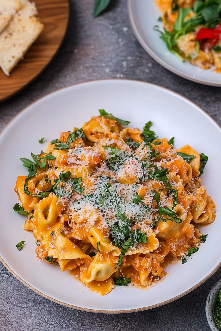 Elegant presentation of tortellini pasta in a creamy sauce, garnished with fresh herbs and served on a white plate.