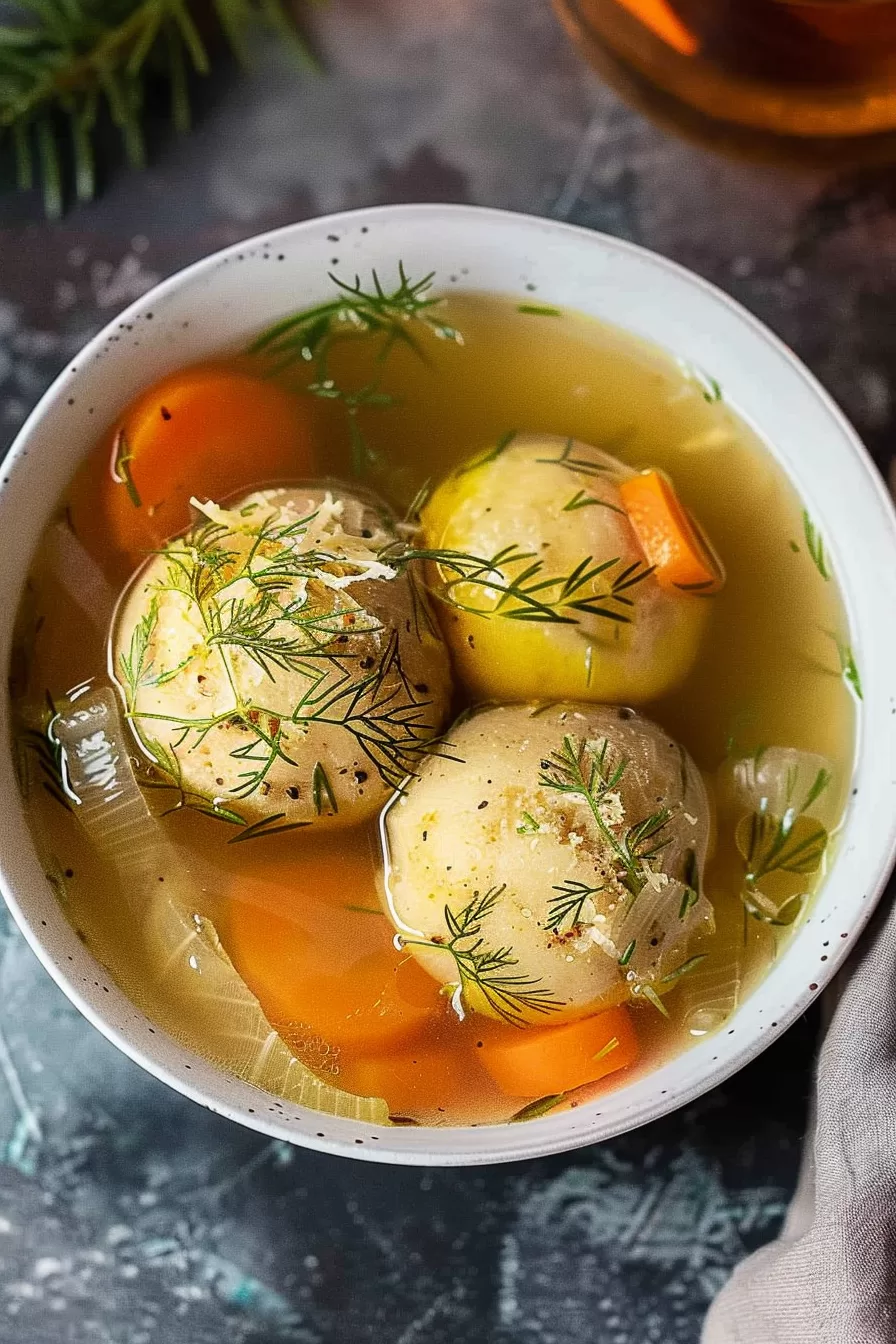 A warm bowl of traditional matzo ball soup, featuring fluffy matzo balls floating in a golden chicken broth with fresh herbs and carrots.