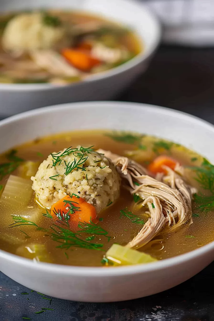 Close-up of tender matzo balls in a comforting chicken soup, garnished with dill and served with chunks of soft carrots and celery.