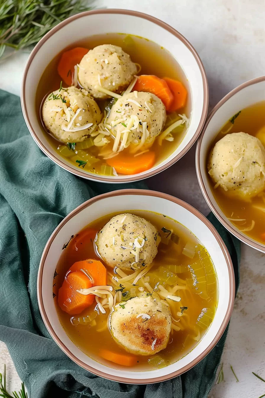 An inviting bowl of homemade matzo ball soup, showcasing the perfect balance of hearty broth, vegetables, and delicate matzo balls.