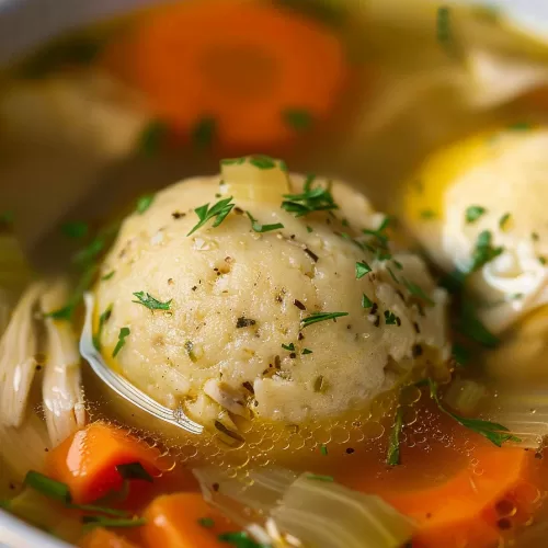 Matzo ball soup served in a white bowl, highlighting the tender matzo balls nestled in a rich, flavorful chicken broth with vibrant vegetables.