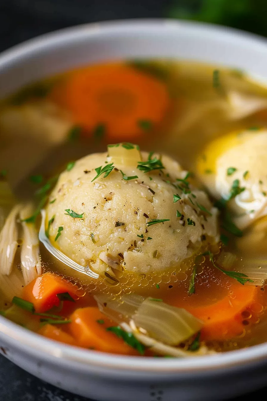 Matzo ball soup served in a white bowl, highlighting the tender matzo balls nestled in a rich, flavorful chicken broth with vibrant vegetables.