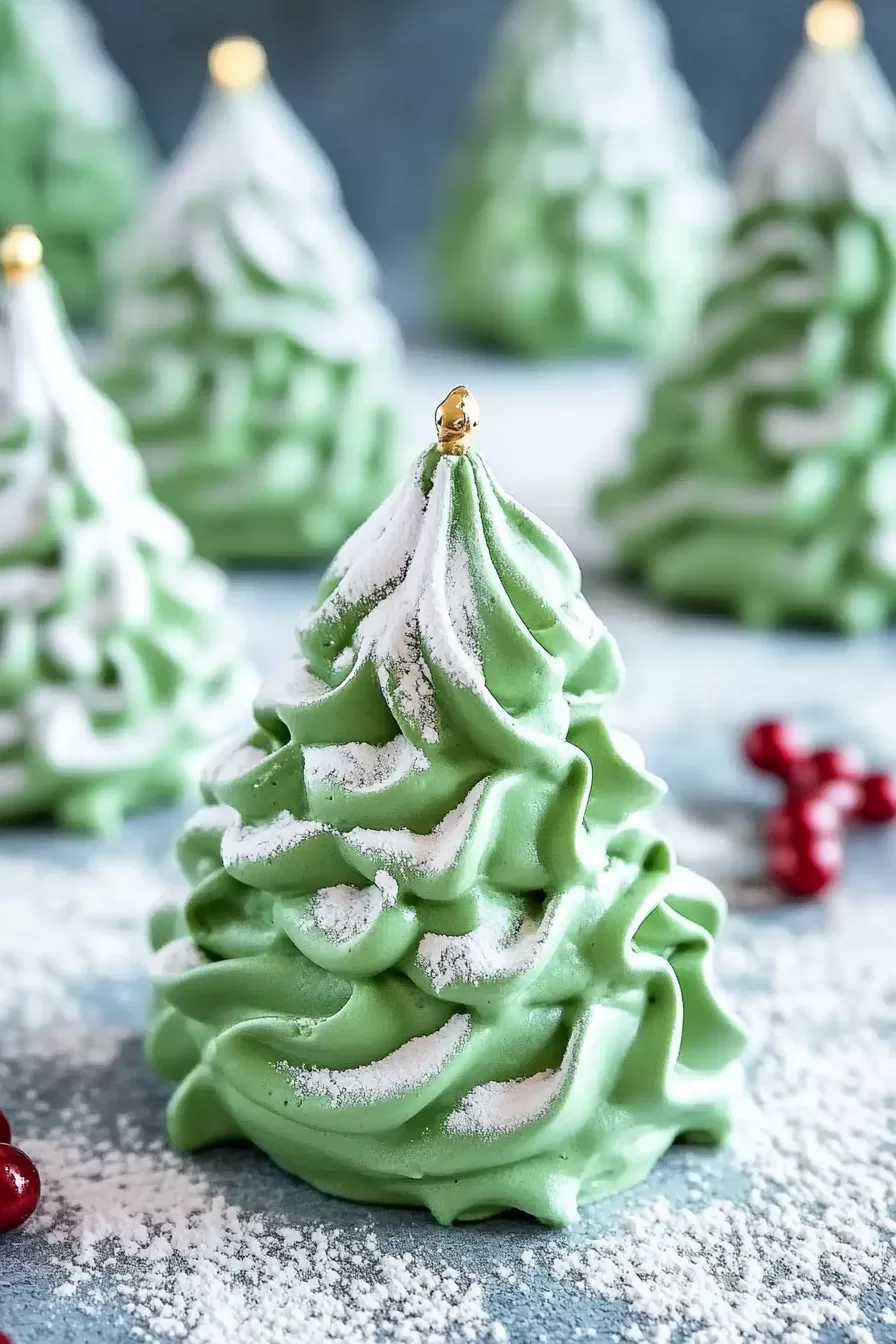 Festive green and white meringue trees arranged on a snowy surface, decorated with tiny gold accents and surrounded by red holiday ornaments.