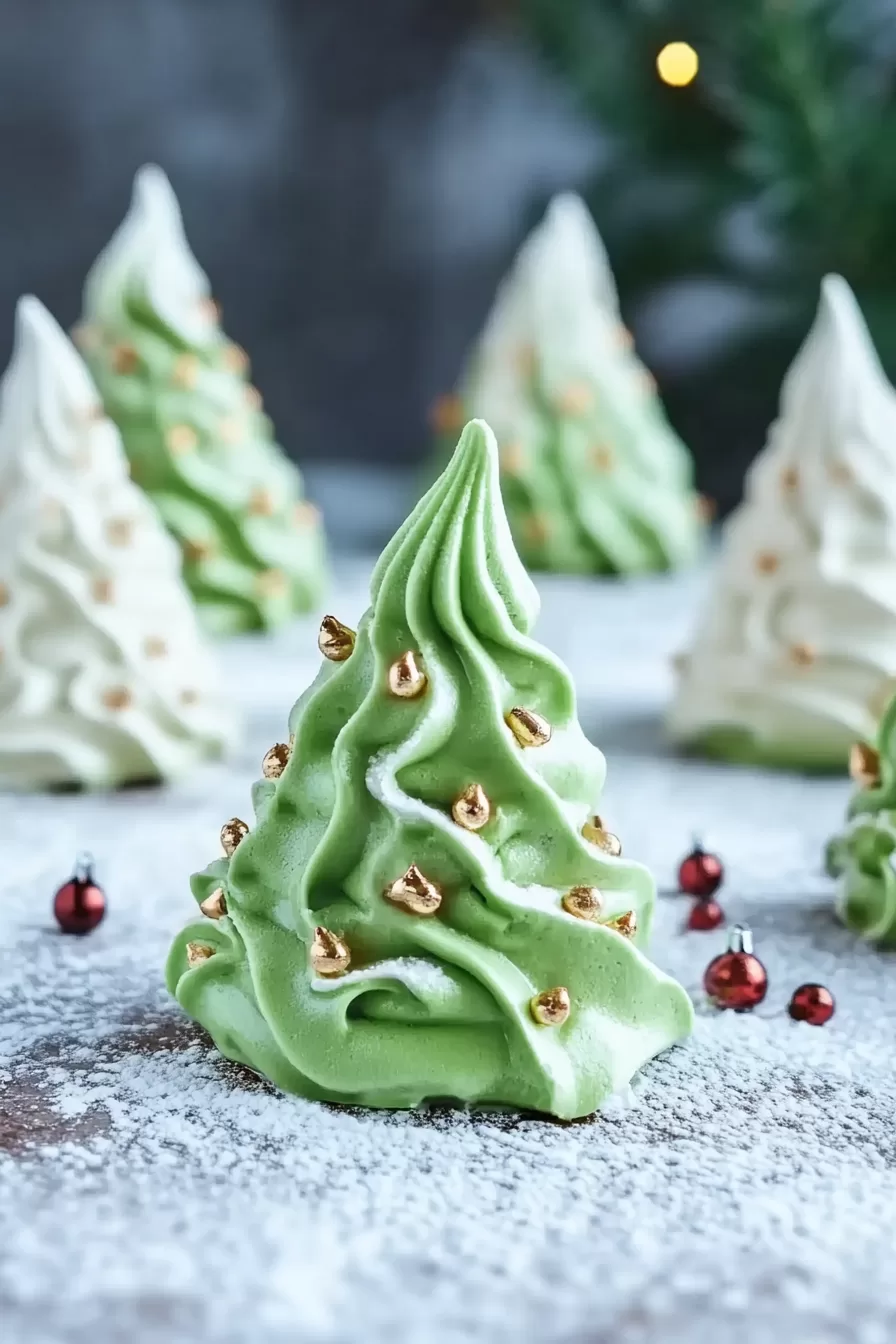 A beautifully piped meringue Christmas tree sprinkled with powdered sugar, featuring a sparkling red star at the top, surrounded by edible pearls.