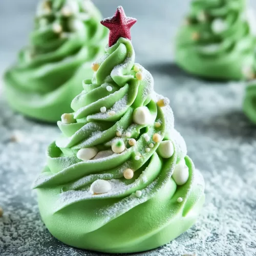 A group of green meringue trees displayed on a frosted surface, with intricate swirls and delicate golden accents, creating a wintry holiday scene.