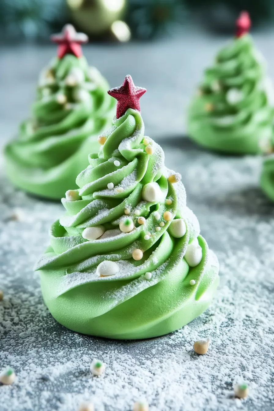 A group of green meringue trees displayed on a frosted surface, with intricate swirls and delicate golden accents, creating a wintry holiday scene.