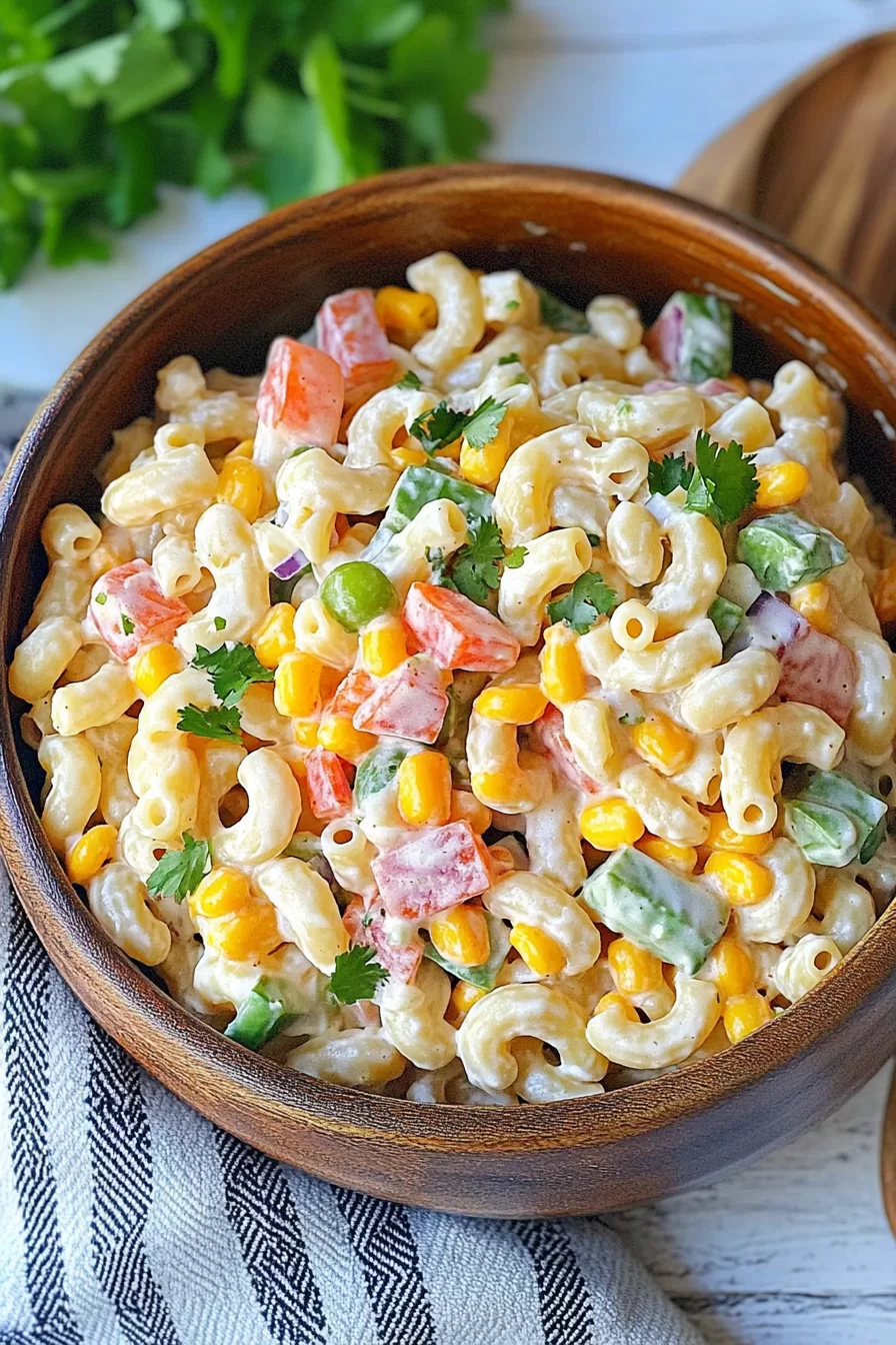 Close-up of colorful macaroni salad featuring sweet corn, diced peppers, and peas, topped with a creamy dressing.