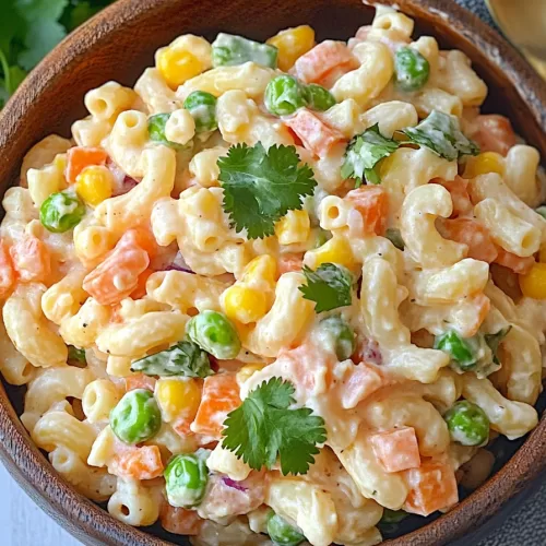 Close-up of colorful macaroni salad featuring sweet corn, diced peppers, and peas, topped with a creamy dressing.