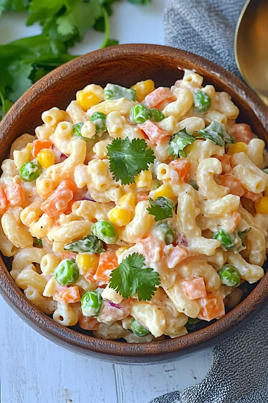 Close-up of colorful macaroni salad featuring sweet corn, diced peppers, and peas, topped with a creamy dressing.