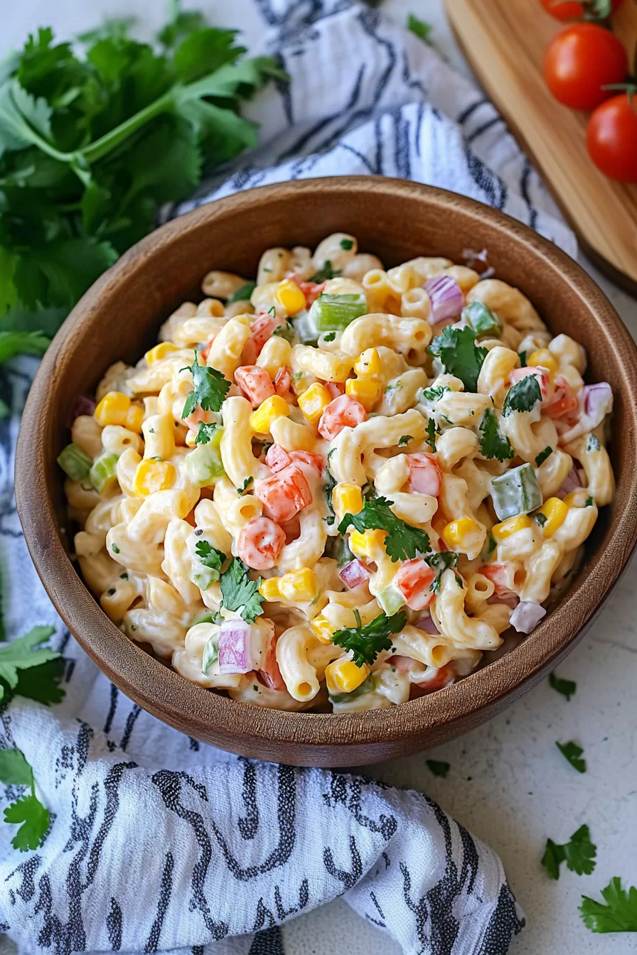 A hearty serving of macaroni salad with a mix of crunchy vegetables and a touch of fresh cilantro for garnish.