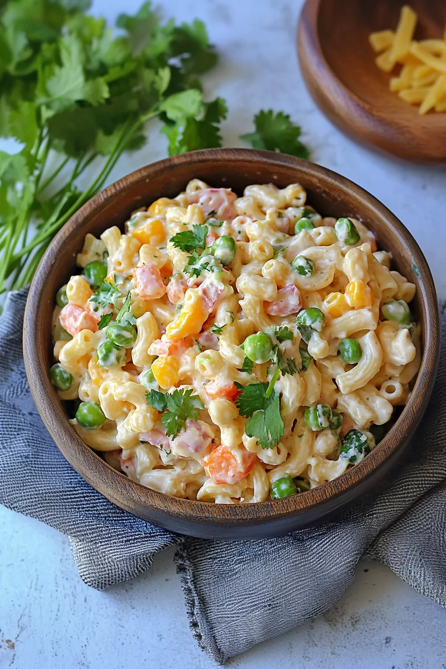 Creamy Mexican macaroni salad with diced vegetables, served in a wooden bowl on a striped napkin for a casual presentation.