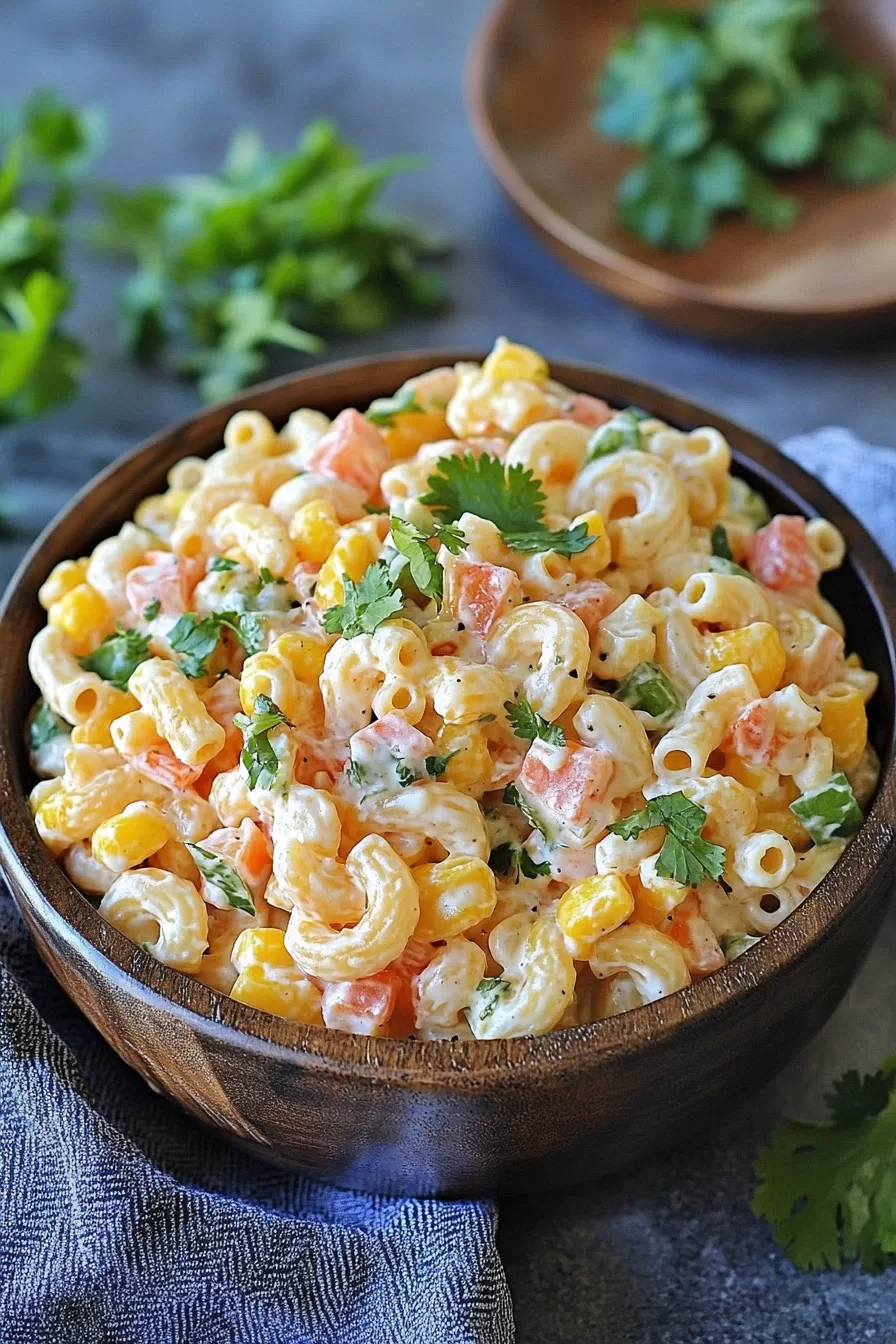 A beautifully plated macaroni salad with bright pops of yellow corn, green peppers, and fresh herbs, perfect for summer gatherings.