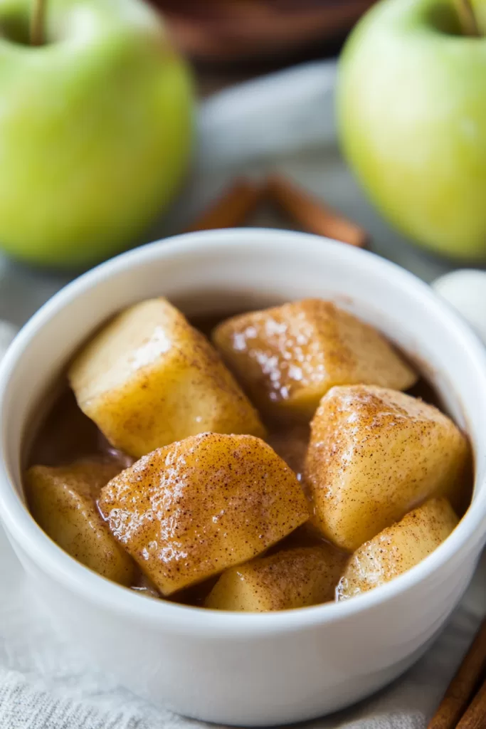 Microwave cinnamon apples topped with a dollop of creamy vanilla ice cream, sprinkled with cinnamon for a warm, comforting dessert.