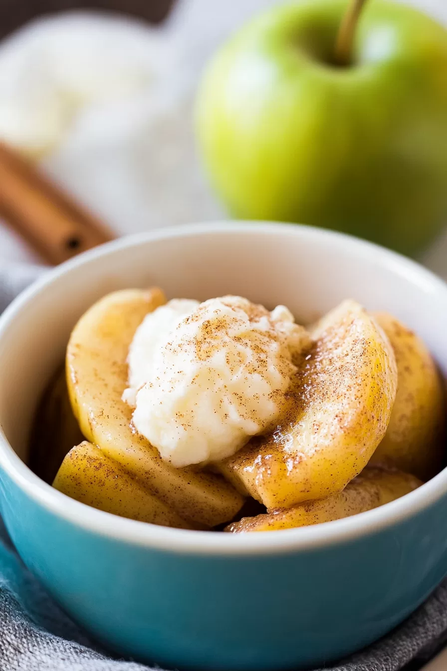 A serving of soft, spiced apple slices in a white bowl, surrounded by fresh green apples and warm cinnamon accents.