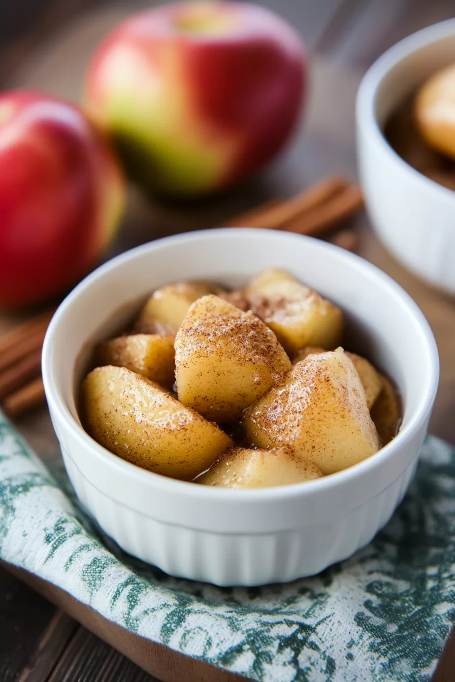 Steamy and aromatic cinnamon apples served in a vibrant teal bowl, with a creamy topping and hints of cinnamon spice.