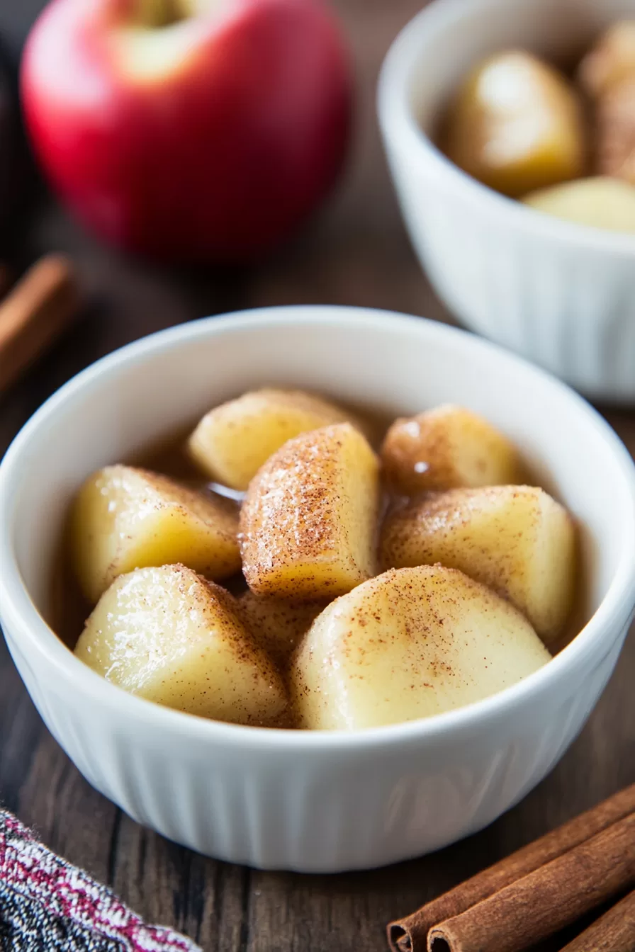 Golden apple chunks with a glossy cinnamon glaze, served in a simple white dish for a quick and cozy treat.