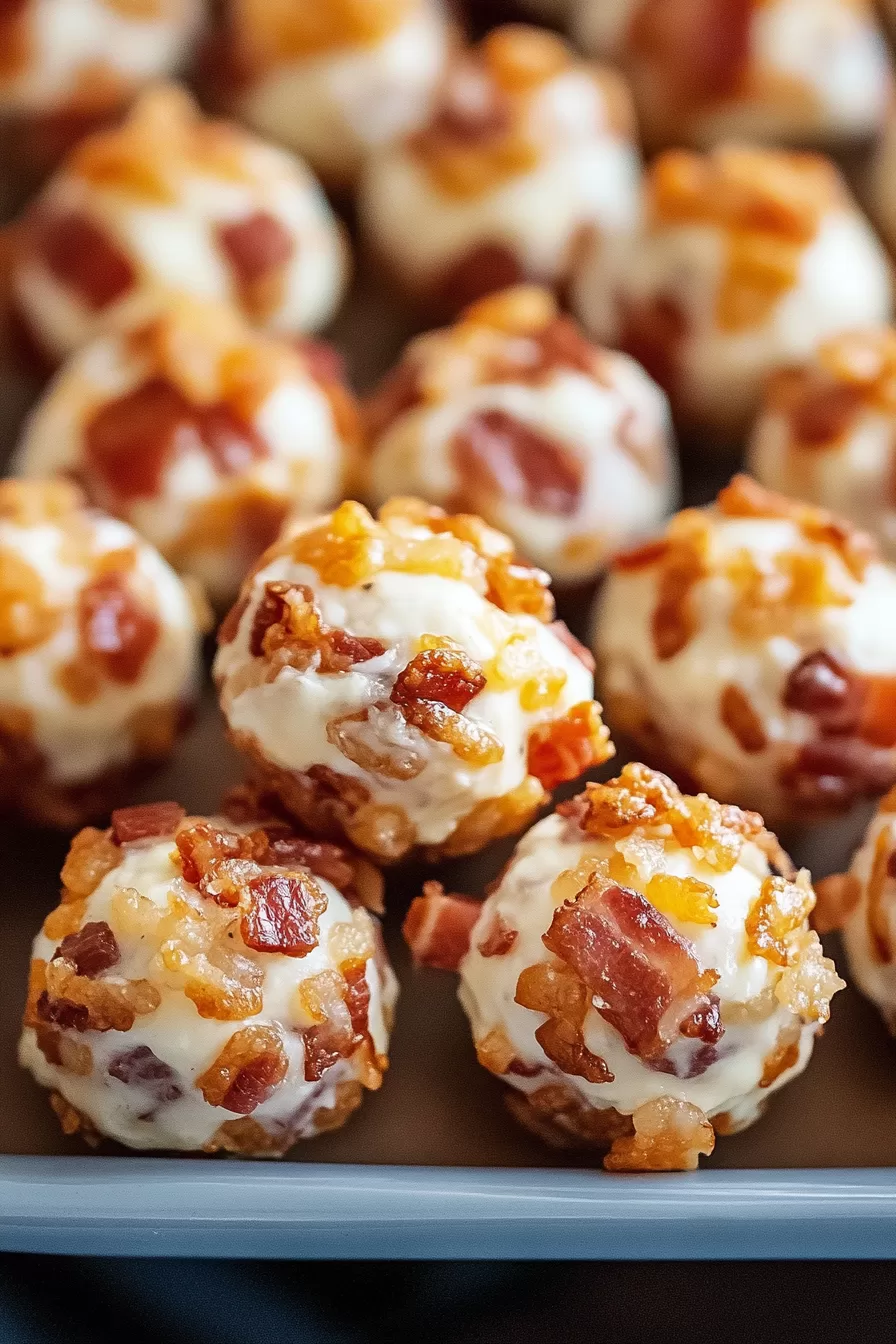 Close-up of creamy mini cheeseballs coated in crispy bacon bits, served as a perfect appetizer.