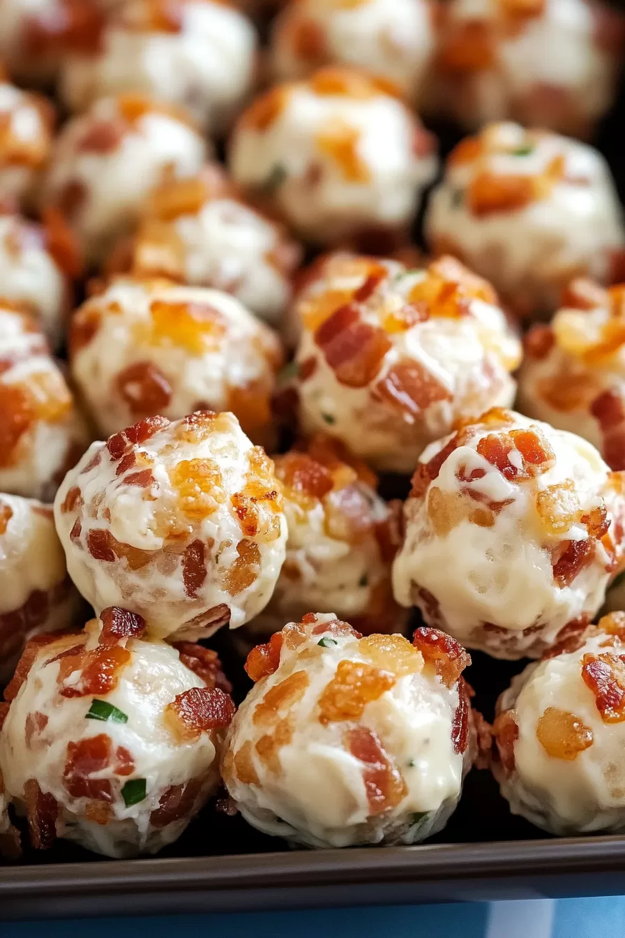 A tray filled with bite-sized cheeseballs garnished with bacon and herbs, ready to impress your guests.