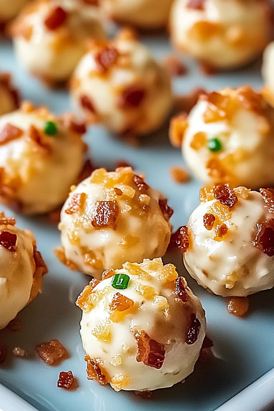 Mini cheeseballs glistening with creamy ranch and a crunchy bacon topping, perfect for snacking.