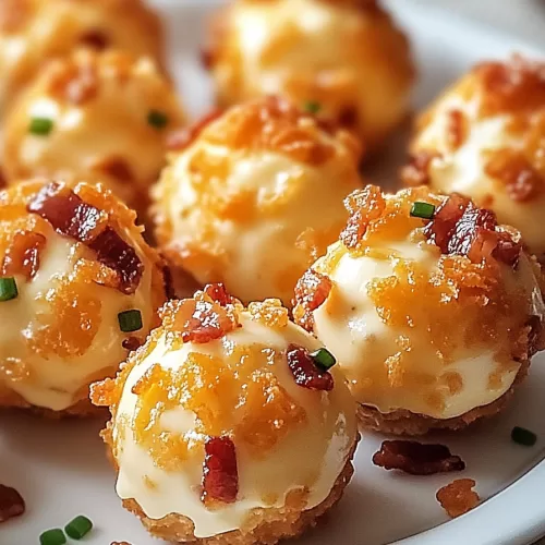 Close-up of individual cheeseballs highlighting their crispy bacon exterior and creamy center.