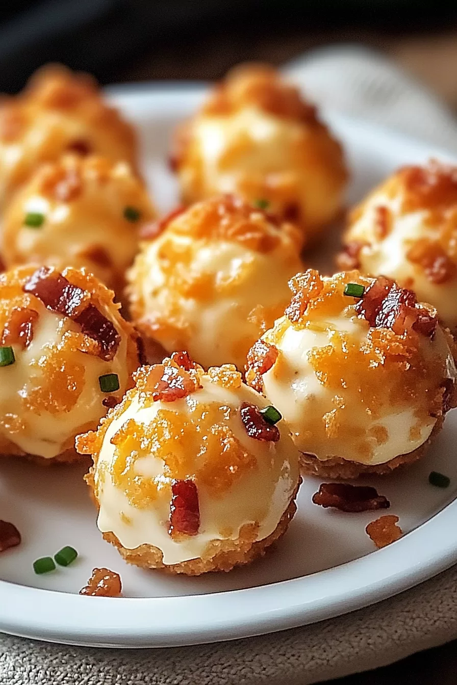 Close-up of individual cheeseballs highlighting their crispy bacon exterior and creamy center.