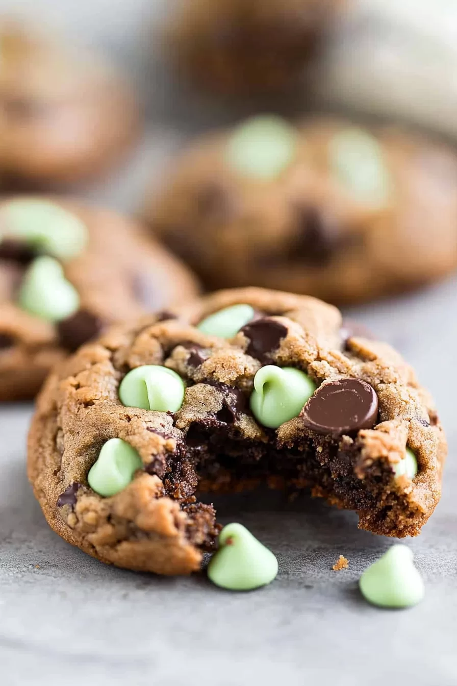 Close-up of a soft, gooey cookie with a bite taken out, showcasing melted chocolate and mint chips.