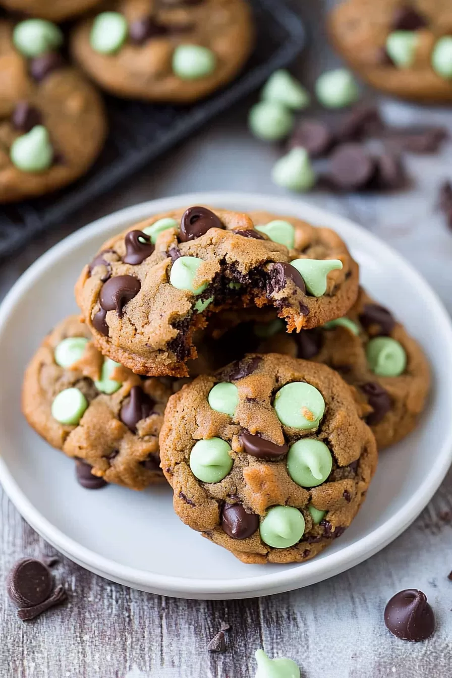 Freshly baked cookies with melted chocolate chips and bright green mint chips on a plate.