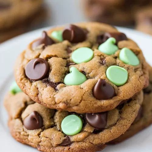 A plate piled high with chewy cookies featuring green mint chips and rich chocolate chunks.