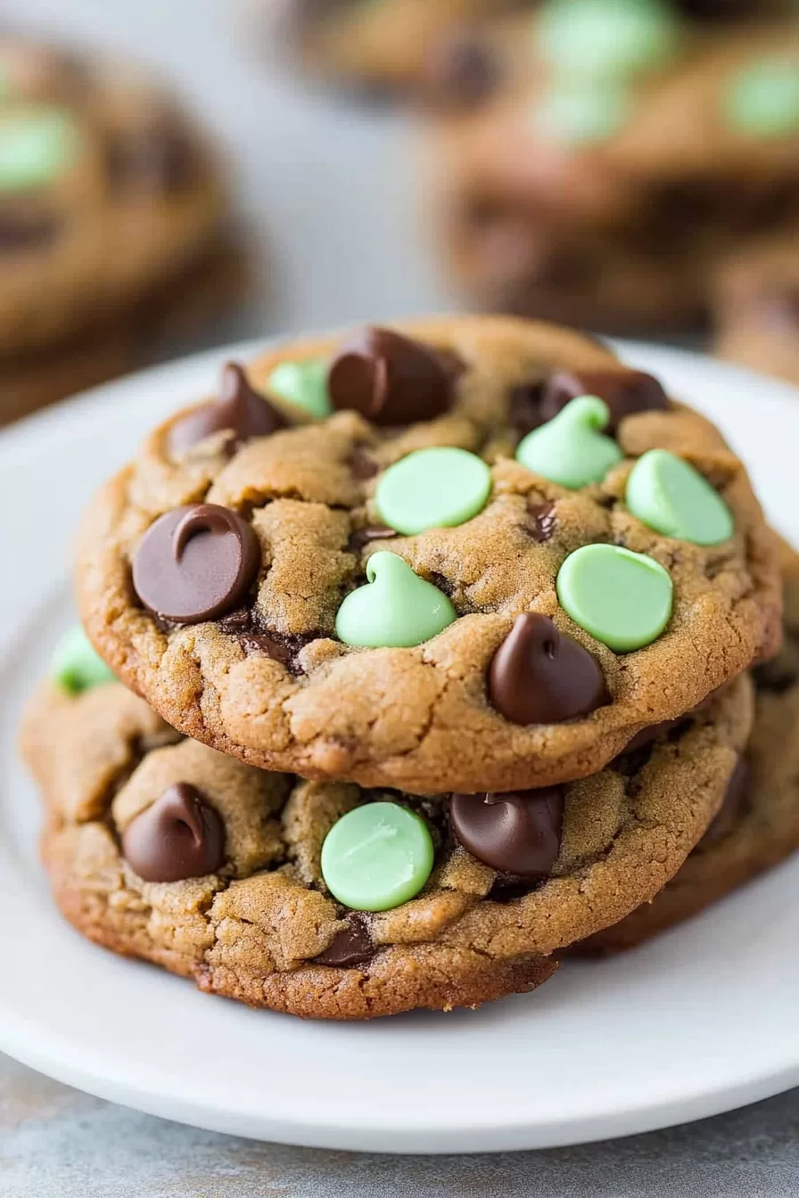 A plate piled high with chewy cookies featuring green mint chips and rich chocolate chunks.