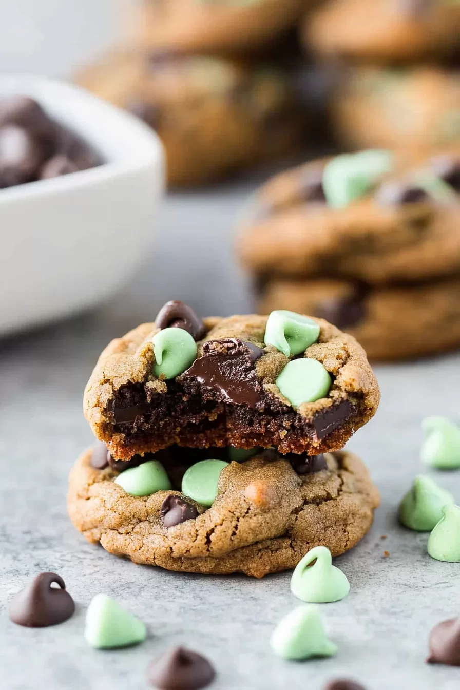 Cookies with chocolate and mint chips scattered on a rustic surface with extra mint chips nearby.