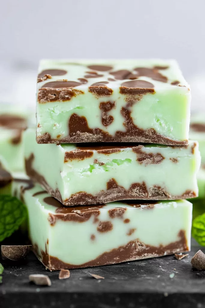 Stacked pieces of mint chocolate fudge showcasing the vibrant green and dark chocolate marbling.