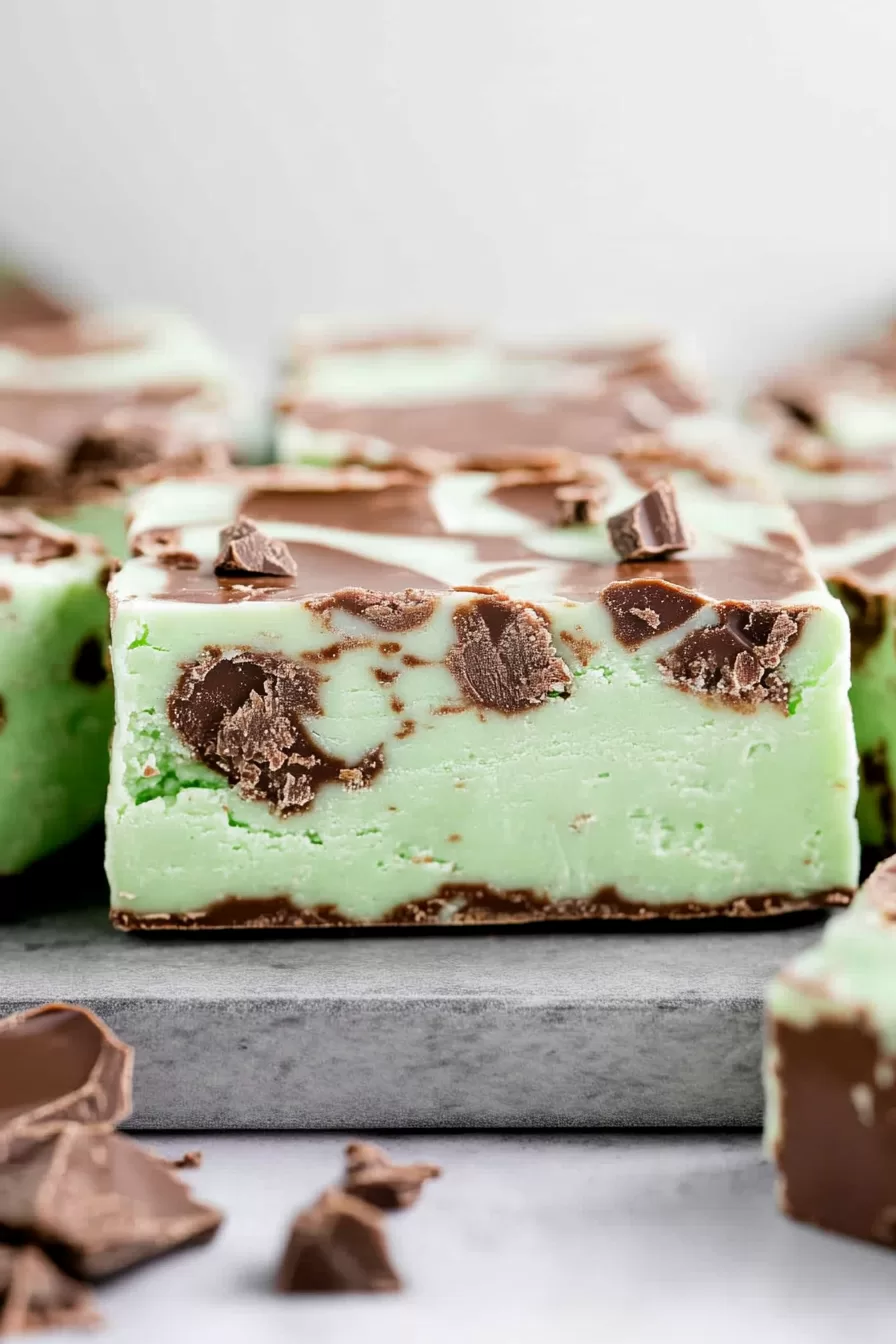 Slices of mint chocolate fudge neatly arranged on a slate board, highlighting the velvety texture.