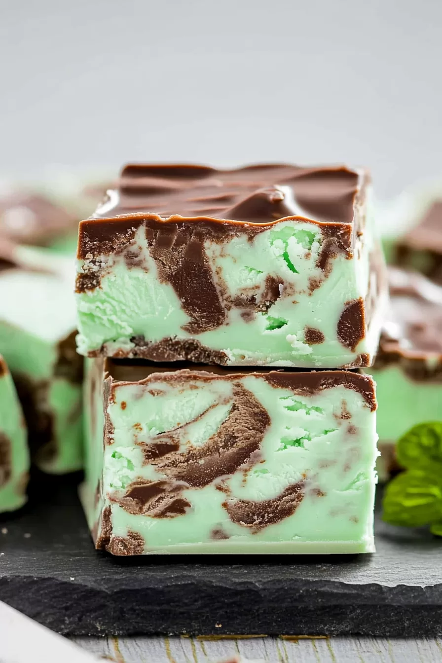 Close-up of creamy mint chocolate fudge with swirls of rich chocolate and a smooth, glossy finish.