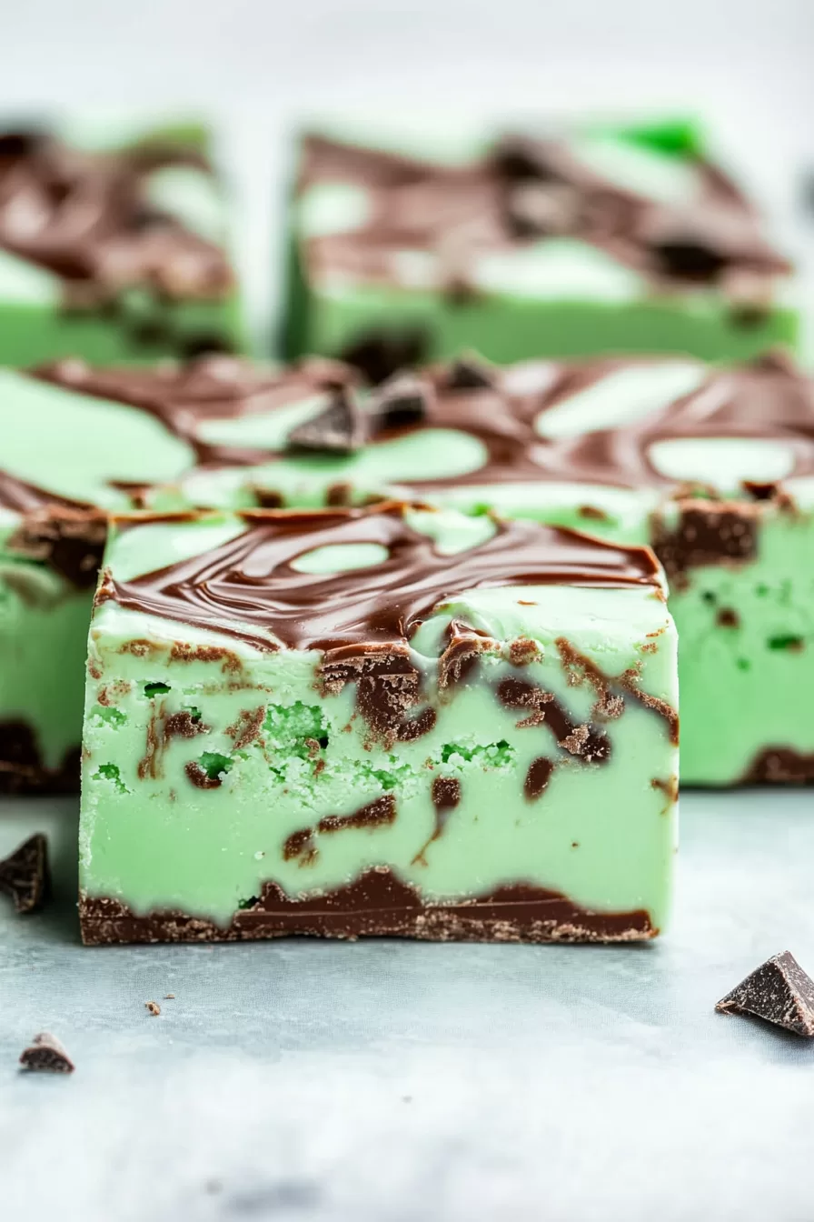 A bar of mint chocolate fudge, topped with chocolate chunks, resting on a white marble surface.