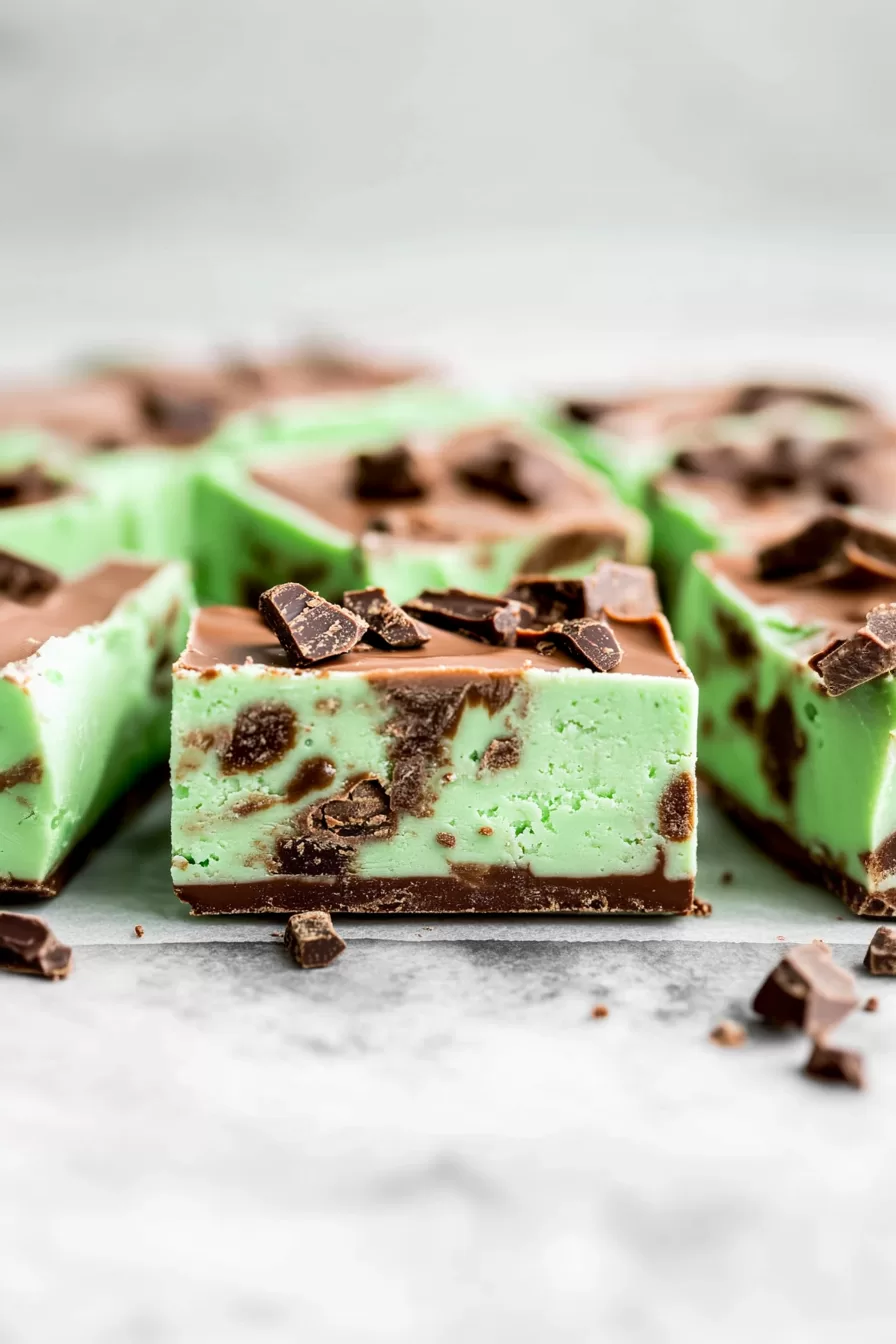 Mint chocolate fudge squares with a smooth, layered look and a scattering of chocolate bits around.