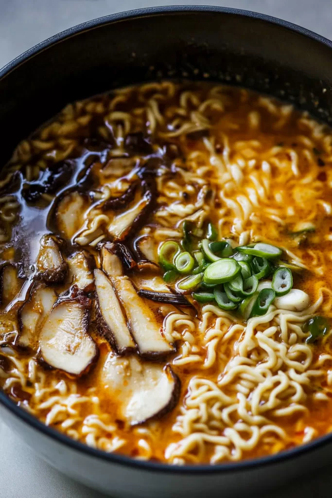 Close-up of vibrant miso ramen with a soft-boiled egg and fresh green vegetables.