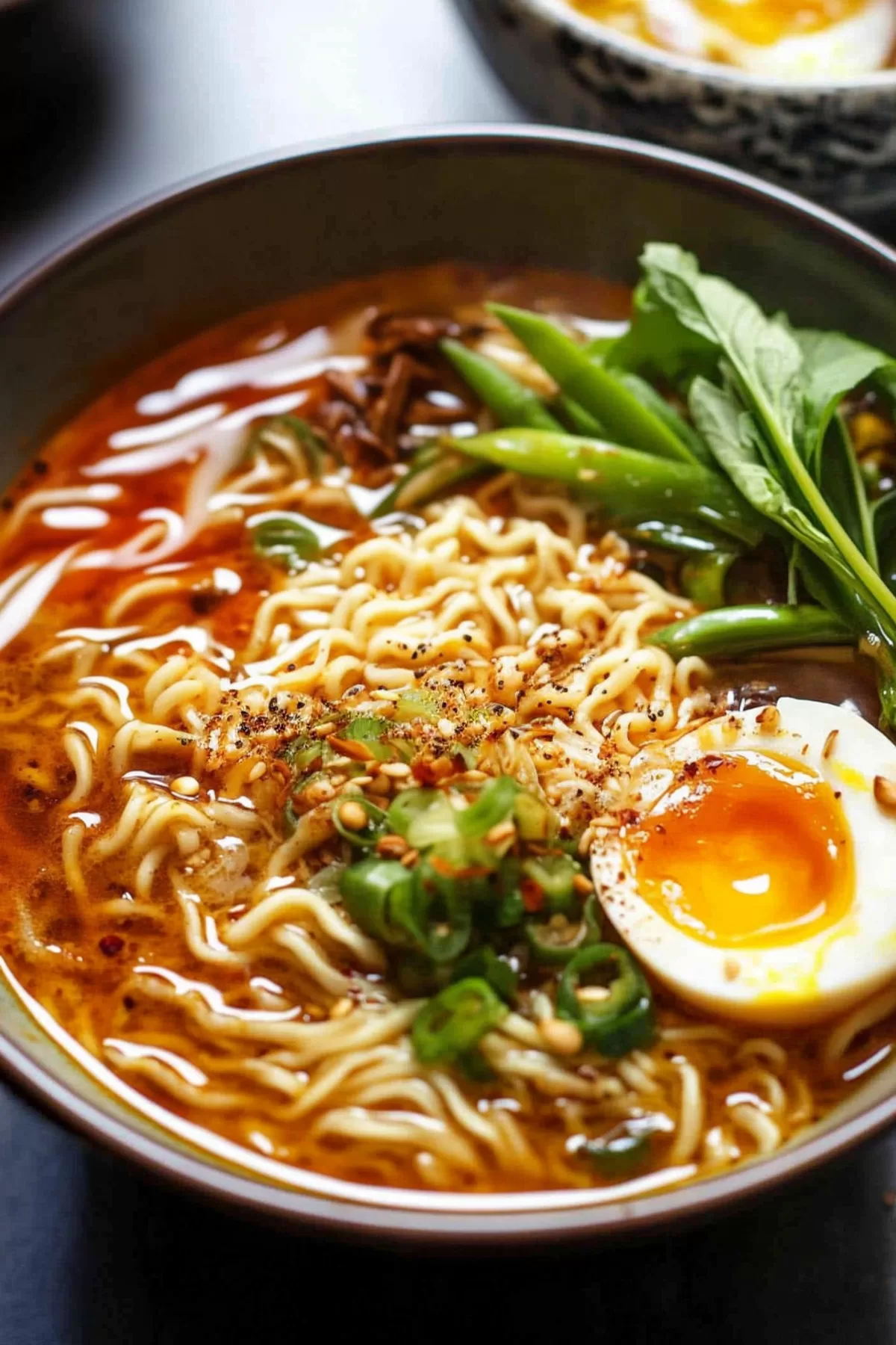 A steaming bowl of miso ramen topped with tender slices of pork, green onions, and sesame seeds.