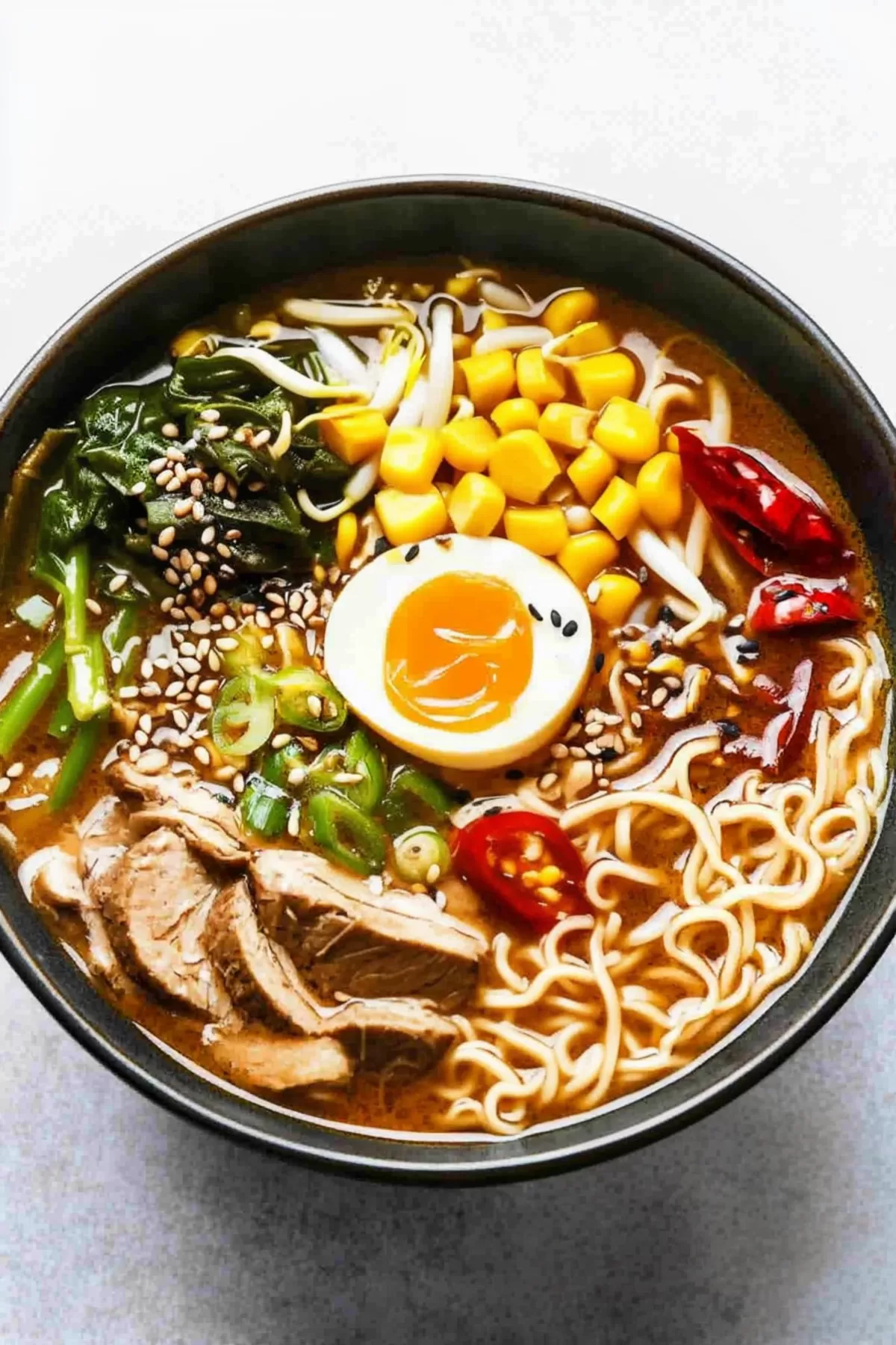 Miso ramen served in a traditional bowl, garnished with corn, bean sprouts, and chili peppers.