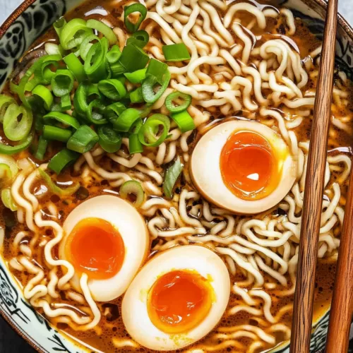 A hearty serving of miso ramen noodles in a rich broth, complemented by a marinated egg and scallions.