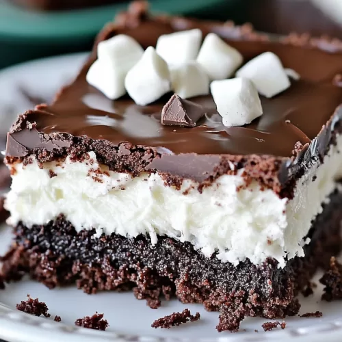 Close-up of a decadent brownie slice with a coconut layer and a sprinkle of chocolate shavings.