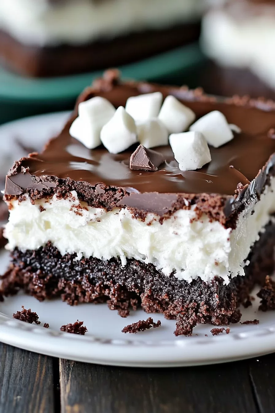 Close-up of a decadent brownie slice with a coconut layer and a sprinkle of chocolate shavings.