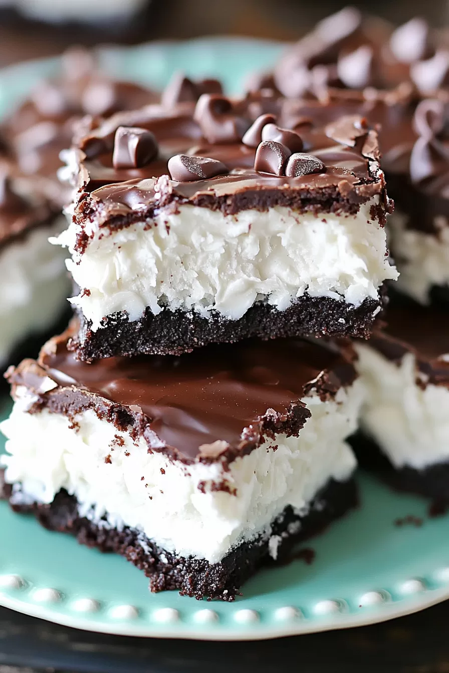 A stack of fudgy brownies with creamy coconut centers and a smooth chocolate topping.